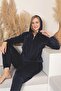 Women's Hooded Navy Blue Color Velvet Long Sleeve Elastic Set