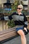 Anthracite Buttoned Polo Neck Striped Women's Sweater Sh318 - 3