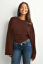 Crew Neck Waist Fitted Wide Sleeve Brown Blouse E9128