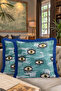 Modern Art Illustrated Fringed Pillowcase - Abstract Eyes Bohemian Blue Tassel Throw Pillow Cover - 8
