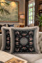 Rustic Peacock Motif Fringed Pillowcase - Vintage Country Black Cream Tufted Throw Pillow Cover - 8