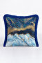 Luxury Marble Effect Fringed Pillowcase - Abstract Waves Blue Gold Color Throw Pillow Cover with Tassels - 3