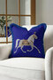 Royal Horse Figured Fringed Pillowcase - Elegant Palace Blue Gold Color Tassel Throw Pillow Cover - 3