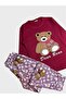 Girl's Cotton Burgundy Color Teddy Bear Patterned Long Sleeve Pajama Set - 4