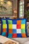 Vibrant Colorful Mosaics Fringed Pillowcase-Geometric Squares Modern Blue Tufted Throw Pillow Cover - 8