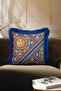 Mediterranean Motif Fringed Pillowcase-Sun Motif Eclectic Blue Red Tassel Throw Pillow Case