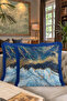 Luxury Marble Effect Fringed Pillowcase - Abstract Waves Blue Gold Color Throw Pillow Cover with Tassels - 8