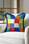 Vibrant Colorful Mosaics Fringed Pillowcase-Geometric Squares Modern Blue Tufted Throw Pillow Cover