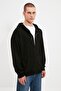 Siyah Oversize/Geniş Kesim Kapüşonlu Fermuarlı Şardonsuz Sweatshirt-Hırka TMNAW22SW0620 - 7