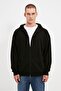 Siyah Oversize/Geniş Kesim Kapüşonlu Fermuarlı Şardonsuz Sweatshirt-Hırka TMNAW22SW0620 - 9