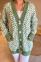 Women's Green Geometric Pattern Double Pocket Buttoned Loose Oversize Long Cardigan