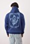 Navy Blue Oversize/Wide Cut Hooded Printed Fleece Inside/Warm Sweatshirt Tmnaw24Sw00100 - 5