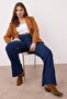 Koyu Mavi Yüksek Bel Paçası Kesikli Straight Fit Denim Büyük Beden Jeans TBBAW26CJ00033