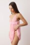 Pembe Tül Kurdele/Fiyonk ve Dantel Detaylı Kapsız Külotlu Babydoll/Fantezi Gecelik THMAW26LL00007 - 3