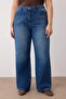 Koyu Mavi Yüksek Bel Beli Lastikli Geniş Paça Wide Leg Büyük Beden Jeans TBBAW26CJ00041 - 4