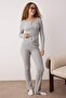Gri Melanj Çizgili Yarım Patlı Fitilli Örme Pijama Takımı THMAW26PT00041 - 2