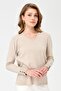Women's V-Neck Sleeves Buttoned Glitter Blouse Beige - 2