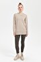 Women's Crew Neck Seamless Side Button Lurex Blouse Beige/Melange - 4