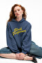 Evantia Women's Printed Oversized Hooded Embroidery Detailed Kangaroo Pocket Navy Blue Sweatshirt - 5
