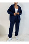 Navy Blue Hooded Zippered Thick Winter Oversize Women's Tracksuit Set
