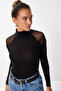 Turtleneck Tulle Detailed Viscose Blouse Len0033 Black - 3