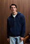 Justus Men's Hooded Kangaroo Pocket Zipper Collar Navy Blue Sweatshirt - 4