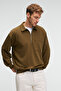 August Men's 100% Cotton Half Zip Collar Pocket Ornamental Label Khaki Sweatshirt - 2