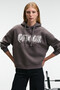 Alirayne Women's Printed Oversize Hooded Kangaroo Pocket Anthracite Sweatshirt