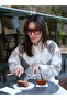 Una Fiaba Ecru Soft Textured Diamond Pattern Women's Knitwear Polo Neck Sweater - 4