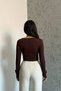 Brown – Women's Crew Neck Blouse with Rose Accessories and Finger Loops - 5