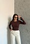 Brown – Women's Crew Neck Blouse with Rose Accessories and Finger Loops