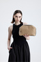 Heybes Women's Black Leather Detailed Herringbone Knitted Jute Clutch Handbag - 3