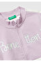 Girl's Lilac-Ecru Glitter Logo Printed Zippered Ribbed Regular Fit Sweatshirt - 3