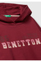 Girl's Burgundy Ribbed Hooded Sweatshirt with Logo Printed on the Front - 3