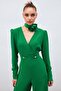 Double Breasted Ornamental Stone Crepe Jumpsuit - Green - 2