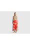Women's Orange Patterned Logo Printed Midi Skirt with Side Slits and Elastic Waist - 5
