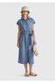 Women's Light Blue 100% Lyocell Polo Neck Waist Tie Midi Dress - 5