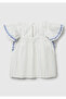 Girl's White Striped Sleeve and Front Embroidered Light Flared Short Sleeve Shirt - 2