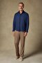 Bella Linen Linen Comfort Fit Navy Blue Mostra Collar Men's Plain Shirt - 3