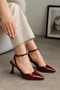 Women's Burgundy Ankle Strap Heeled Shoes - 5