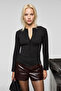 Taluvia Women's Stretchy Fabric Bodycon Slim Fit Buttoned Black Blouse - 5