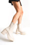 Leather Look Side Zipper High Thick Heeled Winter Women's Cream Short Boots Bootie