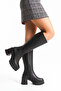 Women's Black Thick Sole Round Toe Platform Heeled Leather Look Zippered Long Boots