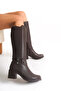 Bitter Brown Leather Look Stretchy Back Flexible Thick High Heels Buckle Detailed Zippered Long Boots