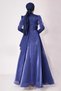 Taft Satin Hijab Evening Dress with Stone Embroidered Pleats and Flywheel Detail K. Indigo 1215 - 7
