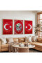 Wooden Framed Red Background White Patterned Ottoman Tughra Triple Wooden Painting Set - 5