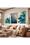 Wooden Framed Blue Green Abstract Nature Triple Wooden Painting Set - 4