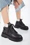 Women's Black Leather Cat Lace Detailed Boots - 2