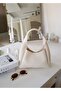 Cream Faux-Chic Leather, Snap Fastener, Single Compartment, Zippered Makeup Bag, Hand, Arm and Shoulder Bag - 3