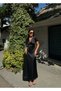 Women's Black V-Neck Pleated Satin Midi Dress - 7